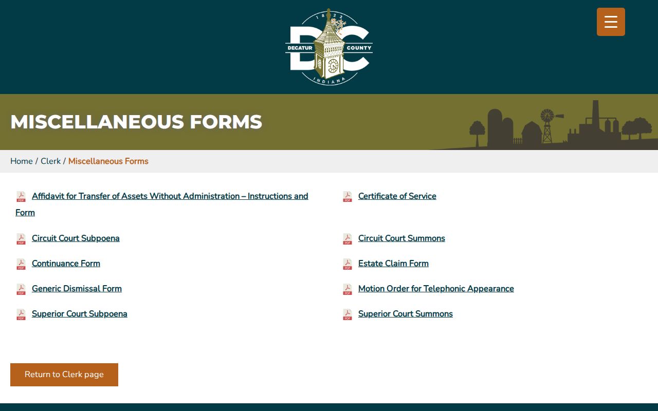 Decatur County miscellaneous forms used in civil court dockets