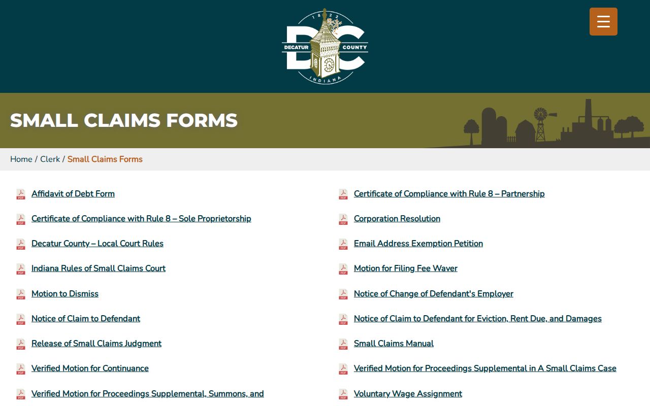 Decatur County small claims forms for civil docket filings