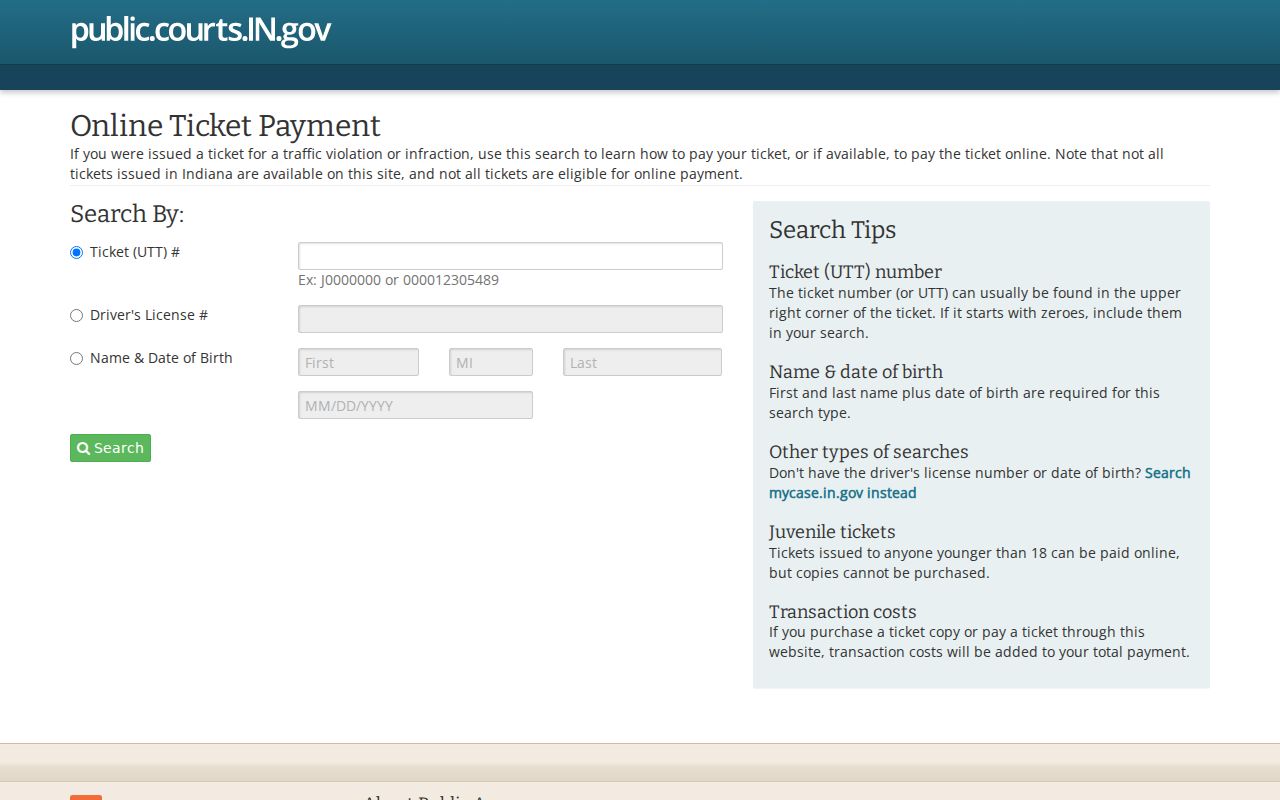 Indiana public ticket search and payment fields