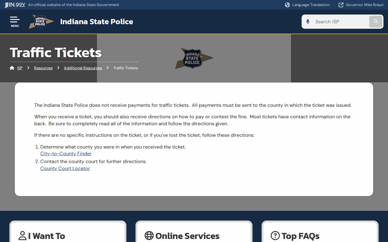 Indiana State Police traffic ticket county-payment guidance