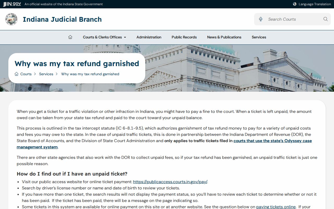 Indiana tax-refund ticket intercept information