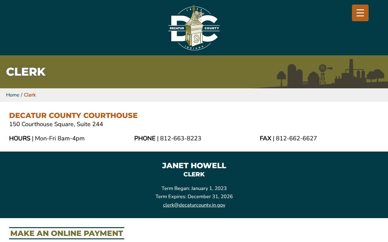 Decatur County Clerk office details for Greensburg court records