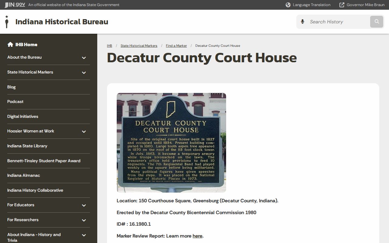 Indiana historical marker details for the Decatur County courthouse in Greensburg