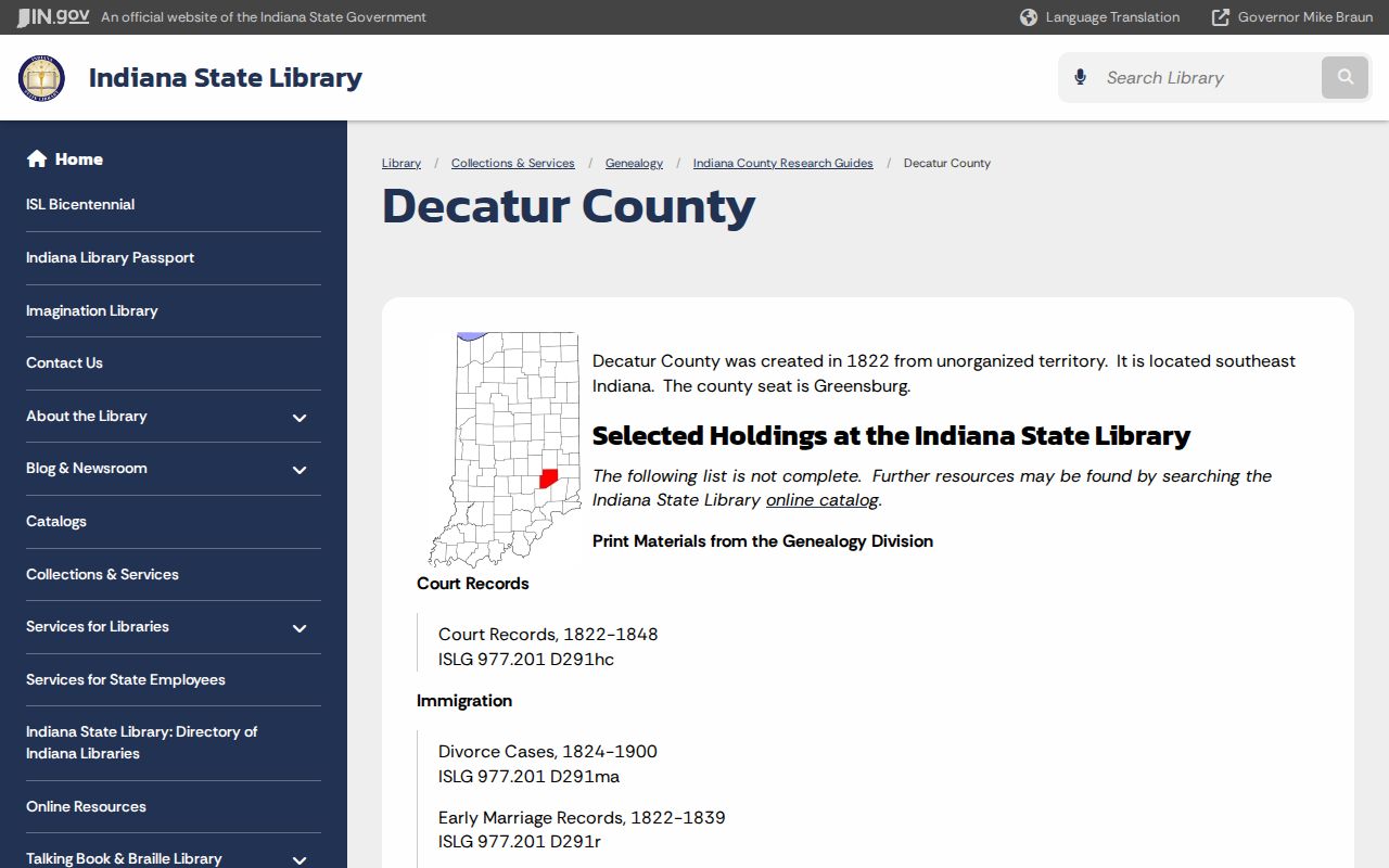 Indiana State Library Decatur County research guide for historic court records