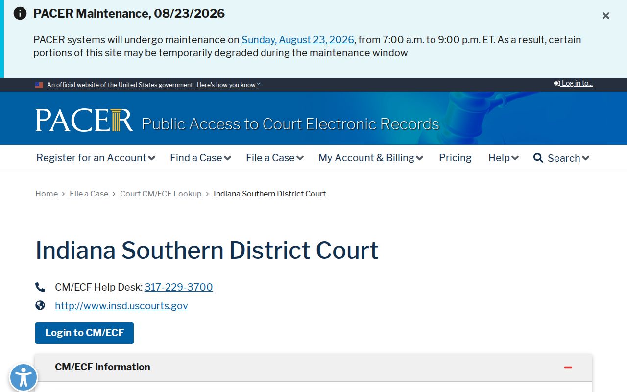 PACER lookup entry for the Southern District of Indiana