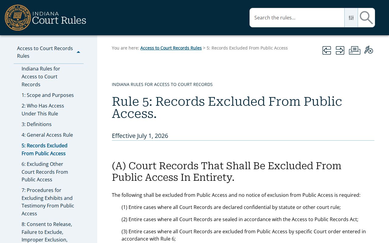 Current Indiana Access Rule 5 confidential court record provisions