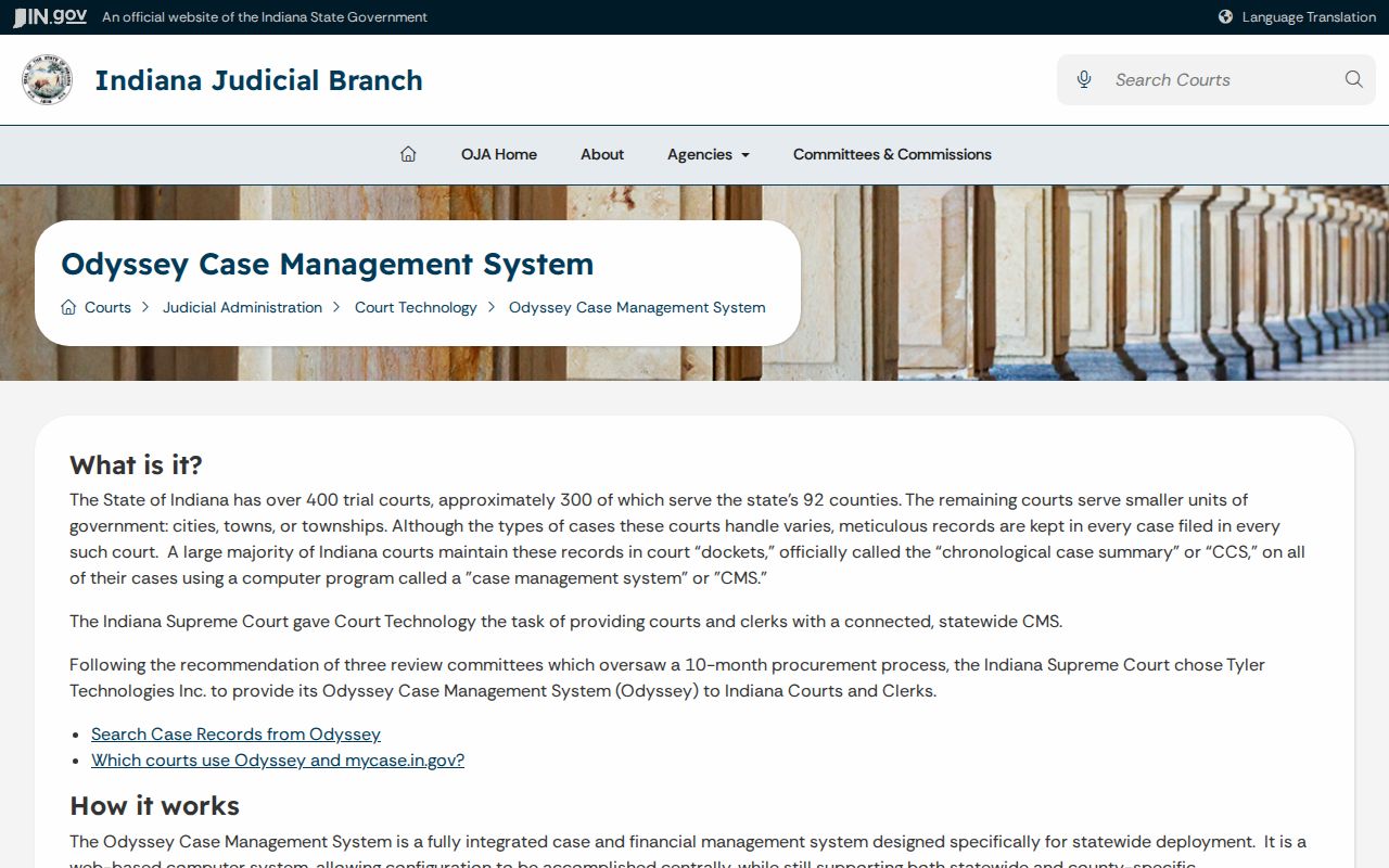 Indiana Odyssey court case management technology overview