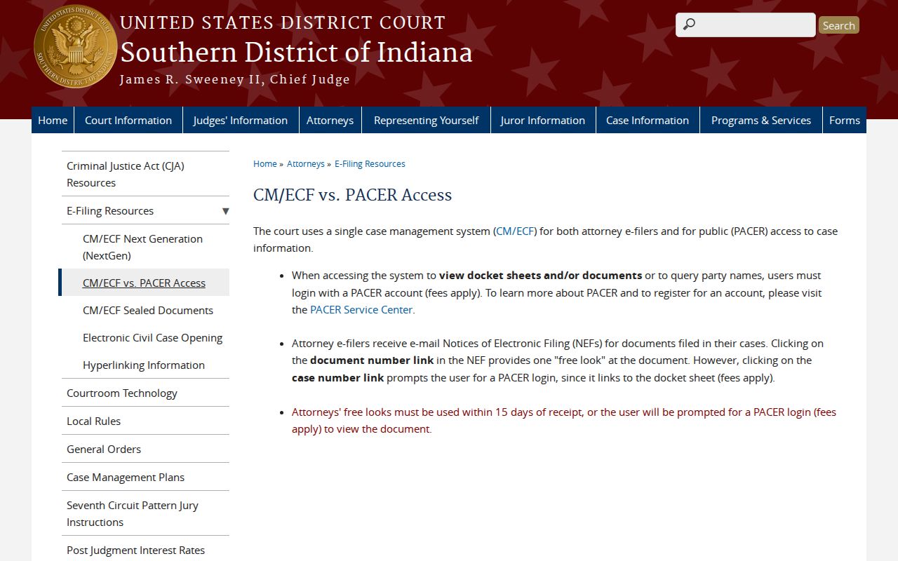 Southern District of Indiana explanation of PACER and CM ECF access