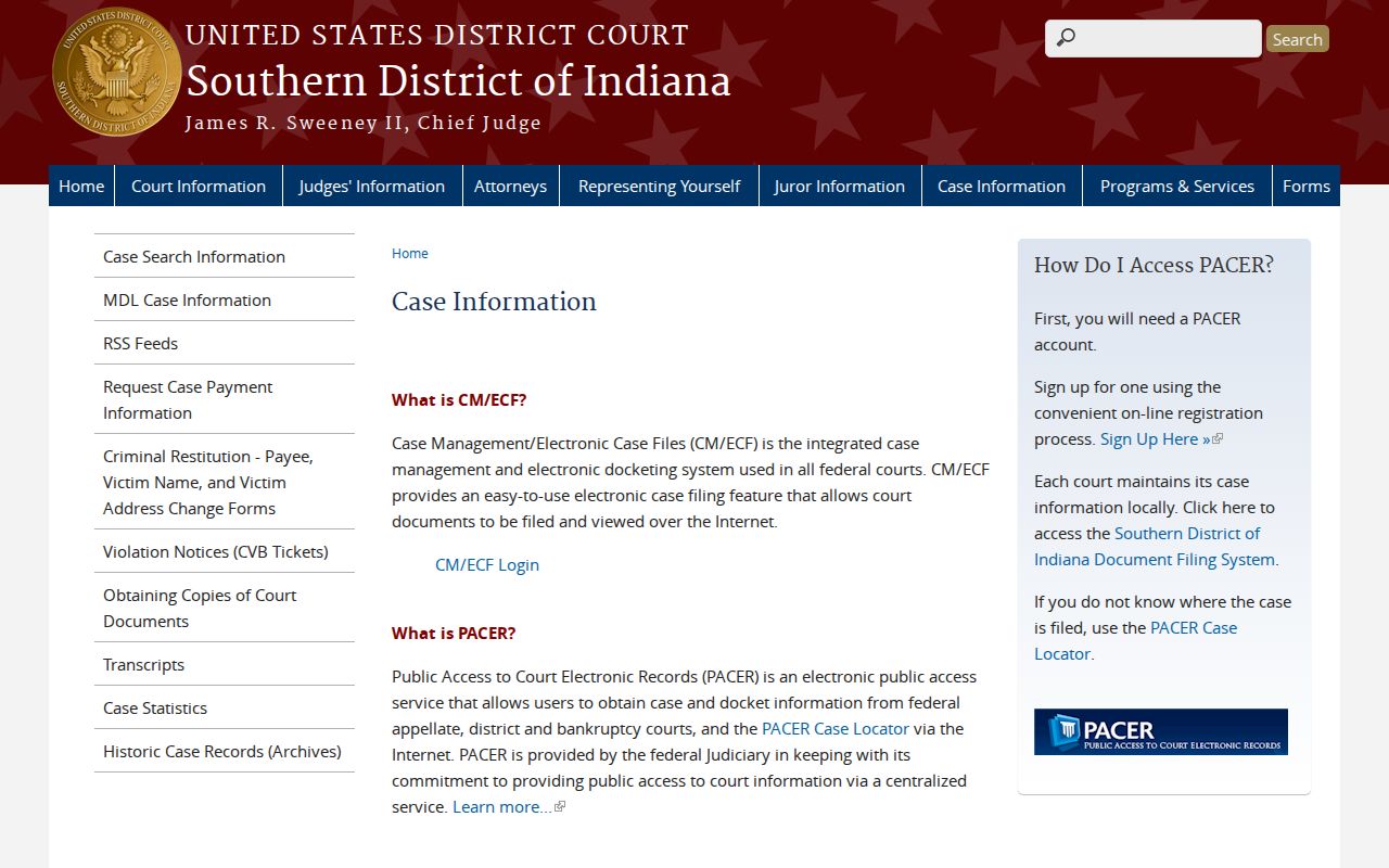Southern District of Indiana federal case information page